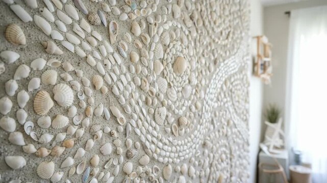 Medium shot of clam shell mosaic showcasing intricate shell patterns cemented onto a decorative wall for coastalinspired interior design.