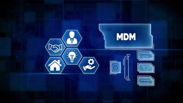 Digital infographic with MDM acronym and business icons on blue grid background image photo