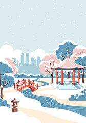 Fototapeta premium Winter park vector illustration with a Japanese pagoda and bridge, snow-covered trees and cityscape in the background