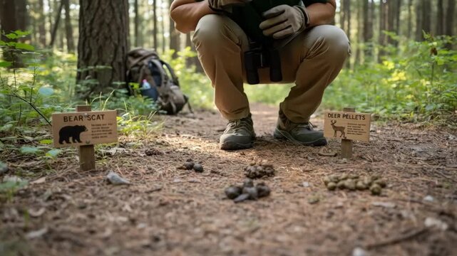 Medium shot of hands pointing at various types of animal scat on a trail highlighting the importance of signs in tracking wildlife.