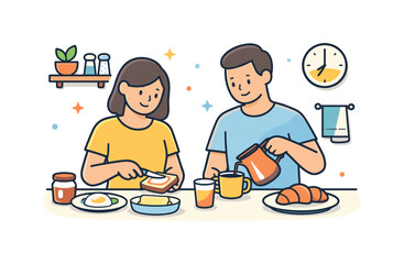 Everyday family care shown through calm shared household routine in a familiar home space, two adults preparing a simple breakfast together at a small kitchen