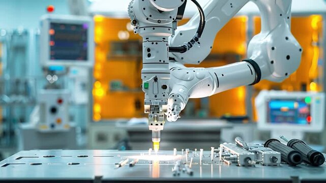A sophisticated robotic arm equipped with a precision nozzle executes complex tasks in a state-of-the-art factory, exemplifying cutting-edge automation technology