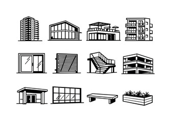 Contemporary residential buildings in linear style: apartment tower, glass facade house, rooftop terrace, balcony railing, sliding glass door, sunshade panel