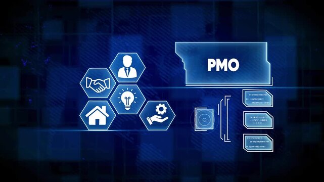 Digital network interface displaying PMO icon and network data on blue grid background technology computer