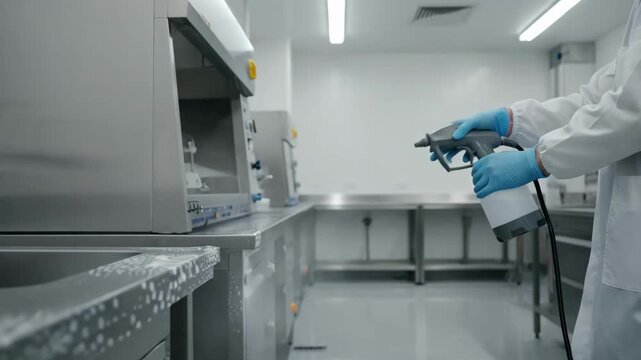 Medium shot of hands operating a disinfectant sprayer to sanitize surfaces emphasizing routine cleaning protocols in a controlled area.