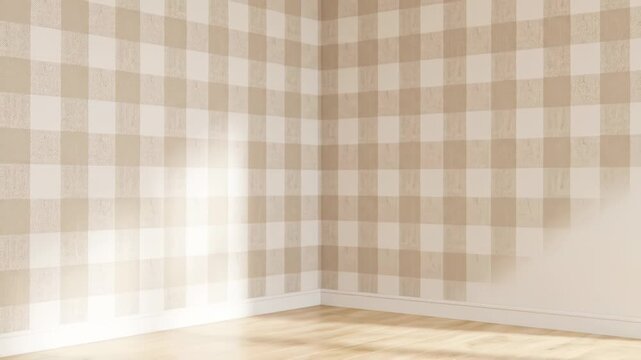 A plain room corner transforms with a new checkered wallpaper. This cozy pattern adds warmth and style to the interior space.