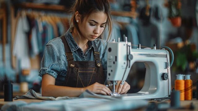 A young woman is surrounded by creative energy as she works on fabric using a vintage sewing machine in a warmly lit workshop, with spools of colorful thread scattered around her
