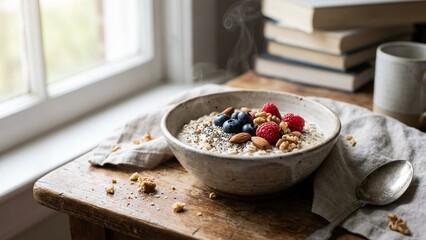 Rustic bowl of oatmeal with berries on wooden table by window, cozy morning breakfast styling for healthy eating, calm home comfort for winter wellness