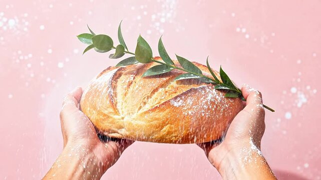 Hands holding a loaf of bread with green leaves