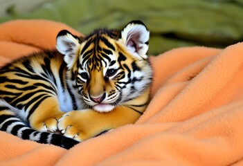 A Tiger Cub lying on a warm Blanket