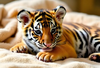 A Tiger Cub lying on a warm Blanket