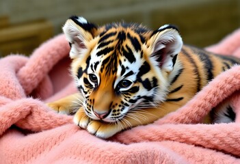 A Tiger Cub lying on a warm Blanket