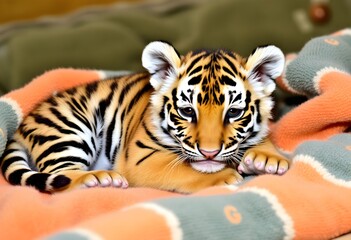 A Tiger Cub lying on a warm Blanket