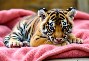 A Tiger Cub lying on a warm Blanket