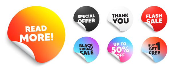 Fototapeta premium Read more sticker tag. Special offer paper price tags. Read More tag. Navigation sign. Get description info symbol. Discount, black friday sticker. Promo banner. Vector
