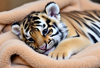 A Tiger Cub lying on a warm Blanket