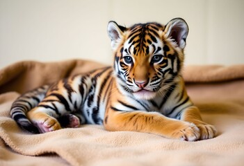 A Tiger Cub lying on a warm Blanket