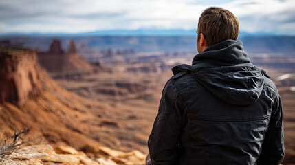 Defocused lone traveler at canyon edge, blurred figure overlooking breathtaking view, wilderness vista scene, outdoor adventure photography, dramatic landscape, with copy space