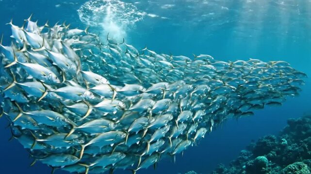 Massive School of Jackfish Swimming in Tropical Ocean Underwater
