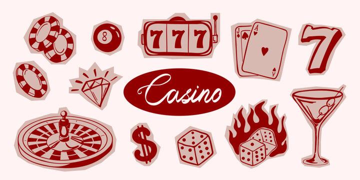 Hand drawn casino set with gambling symbols including slot machine, cards, dice, and roulette. Vintage collage style vector illustration.
