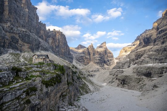 Rifugio Alberto e Maria ai Brentei, Castelletto Superiore and Cima Sella mountain peaks, Bocca di Tuckett in the back, Brenta Mountains, Brenta, Brenta-Adamello Natural Park, Trentino, Italy