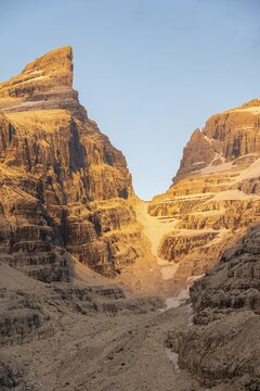 Sunset, mountain valley, Cima Sella and Bocca di Tuckett, Brenta Mountains, Brenta, Brenta-Adamello Natural Park, Trentino, Italy