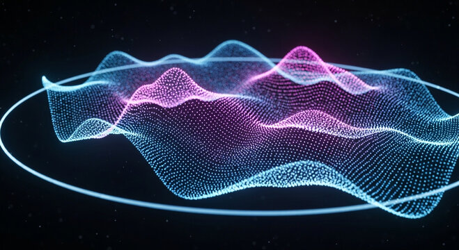 Dynamic 3d wave of glowing particles in blue and pink hues surrounded by a neon circular ring against dark starry background representing digital audio spectrum