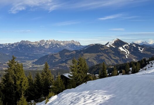 View of Wilden Kaiser and Hohe Salve from Rosskopf summit in winter, Kitzb&uuml;hel Alps, Tyrol, Austria