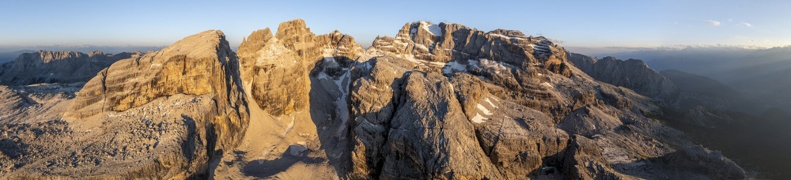 Impressive mountain peaks of the Brenta Mountains, 360 degree alpine panorama, evening mood, aerial view, Brenta, Brenta-Adamello Natural Park, Trentino, Italy