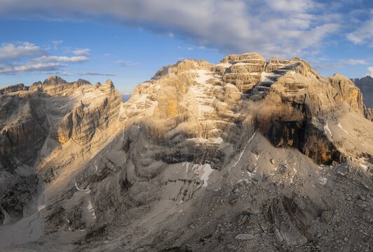 Aerial view, Impressive mountain peaks of the Brenta Mountains, Brenta, Parco Naturale Brenta-Adamello, Trentino, Italy