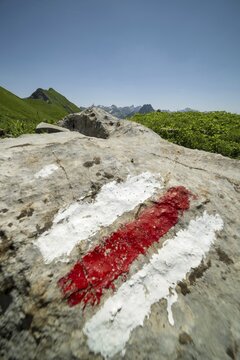 Trail marker on the Laufbacher-Eckweg, a demanding high-altitude hiking trail from H&ouml;fatsblick mountain station to Oytal, Allg&auml;u Alps, Allg&auml;u, Bavaria, Germany