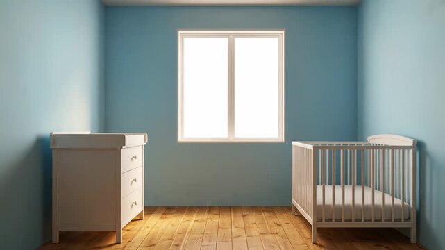 An empty room transforms into a cozy baby nursery. A crib and changing table appear, walls turn blue.
