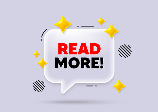 Read more chat speech bubble. Social media concept. Read More tag. Navigation sign. Get description info symbol. 3d sparkles chat bubble. Vector