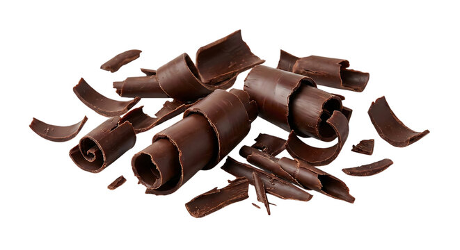 A pile of curled chocolate shavings on transparent background