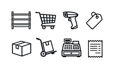 Retail Icon Set. Retail Franchise Equipment in linear style: shelf, shopping cart, barcode scanner, price tag, product box, trolley, cash register, receipt
