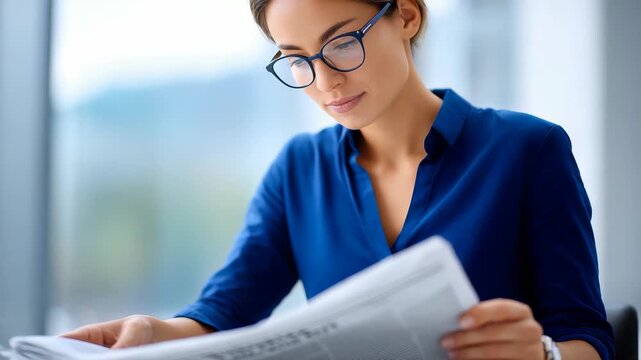 Young female professional with glasses studies newspaper in bright office environment, staying informed about current events. Modern workspace and thoughtful expression highlight productivity