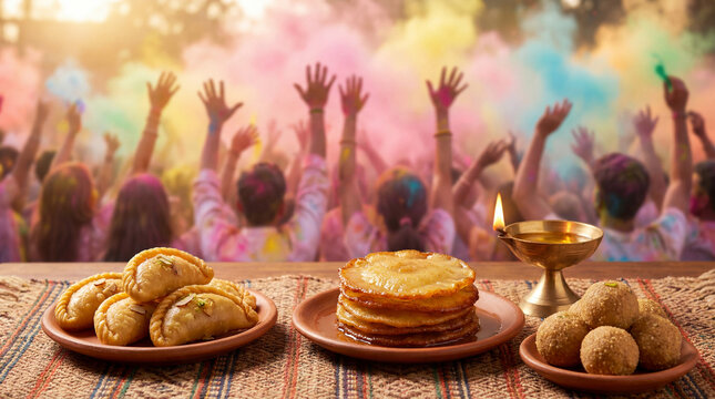 Traditional Indian sweets like gujiya, malpua, and ladoo on plates with a lit diya lamp on a decorated table. Vibrant blurred background of people celebrating Holi with colorful powder clouds.