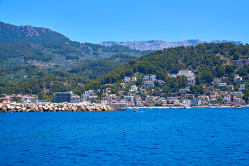 Fototapeta premium Colorful panorama of Port de Sóller. Balearic Islands, Spain.