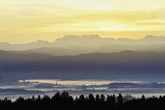 View from Horben of Lake Zug with the city of Cham and Zug covered in fog, behind it the snow-capped mountains Fl&uuml;brig and Vrenelisg&auml;rtli in the light of the rising sun, Beinwil-Freiamt, Canton, Aargau, Switzerland