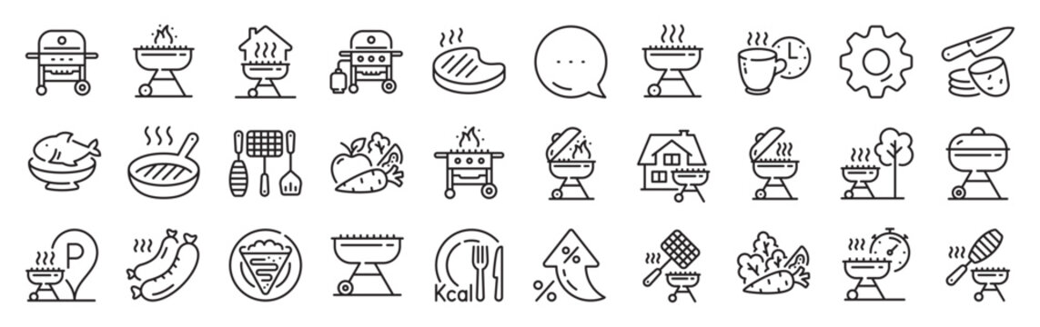 Grill line icons. Settings gear, Message, Inflation icons. Salmon meat steak, Bbq smoker and Fire cooking set. Gas-fueled grill, hot pan and barbecue sausage icons. Vector