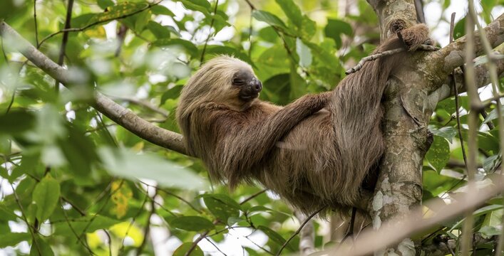 Hoffmann's two-toed sloth (Choloepus hoffmanni) on a branch, Cahuita National Park, Costa Rica