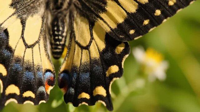 Close-up of a Yellow and Black Butterfly Wing with Blue Eyespots