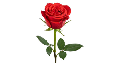 Fototapeta premium Classic red rose in full bloom with green stem and leaves, a timeless symbol of love and beauty.
