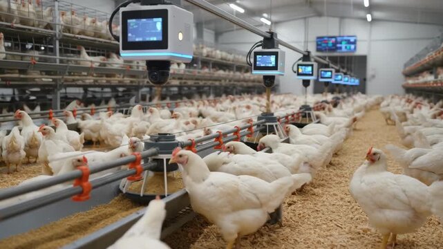 Medium shot of automated feeding systems operated by AI technology distributing feed evenly to chickens inside a smart poultry house.