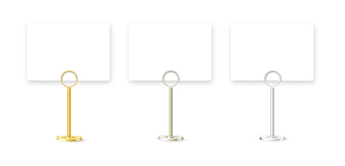 Table stand with metal clip holding blank card for business display. Realistic mockup for restaurant sign, office memo, or desktop message template. Vector