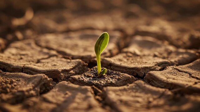 Water brings life to parched earth. A tiny sprout emerges, symbolizing hope and growth.