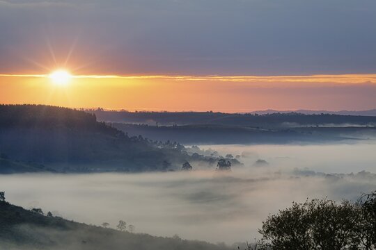 Early morning fog over valleys and mountains, Serra da Canastra, Minas Gerais state, Brazil