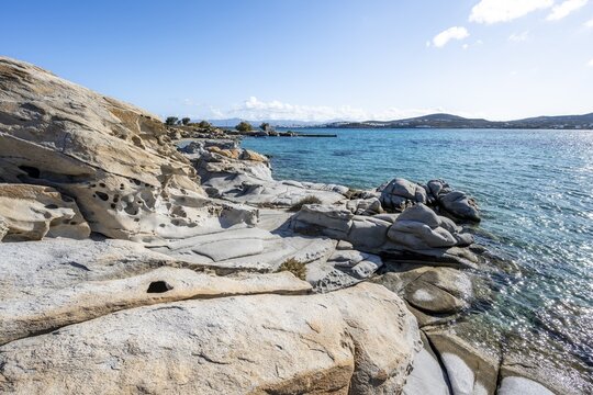 Rock formations on the coast with turquoise sea, Kolimbithres beach, Paros, Cyclades, Aegean Sea, Greece