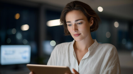 Obraz premium Smart modern office filled with data screens, young female government employee using tablet to track sustainable development indicators. cinematic color correction, natural uneven lighting yet