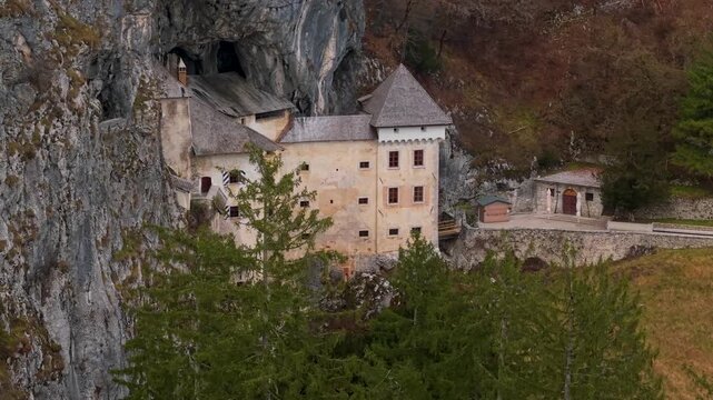 Predjama Castle Aerial Orbit Reveal: Cinematic Drone Pan Right from Pine Trees to Medieval Cave Fortress, Postojna Slovenia, Morning Light, 4K High Quality footage